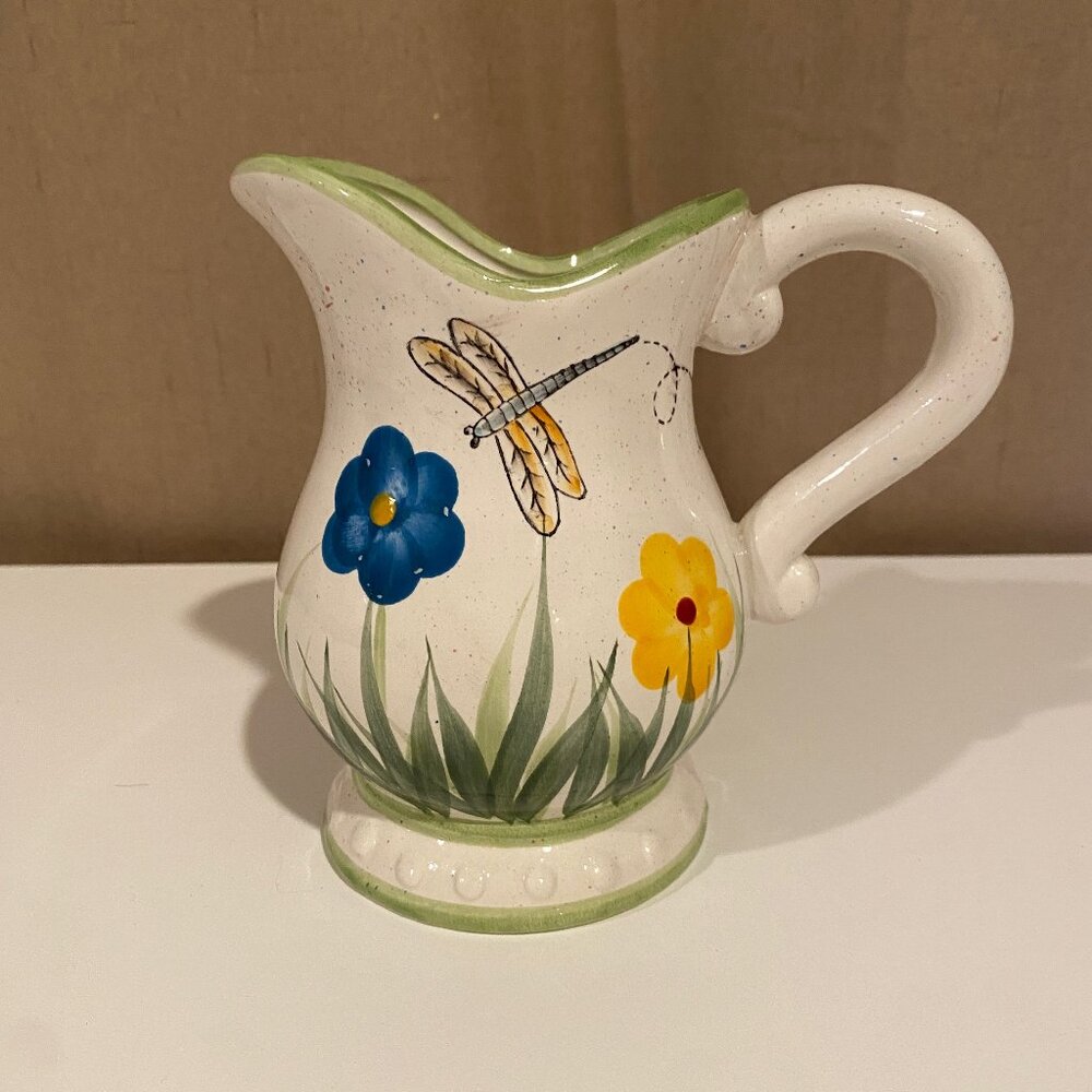 Dragonfly Flower Pot Vase Ceramic Pitcher 6x5”‎ – Hand-Painted